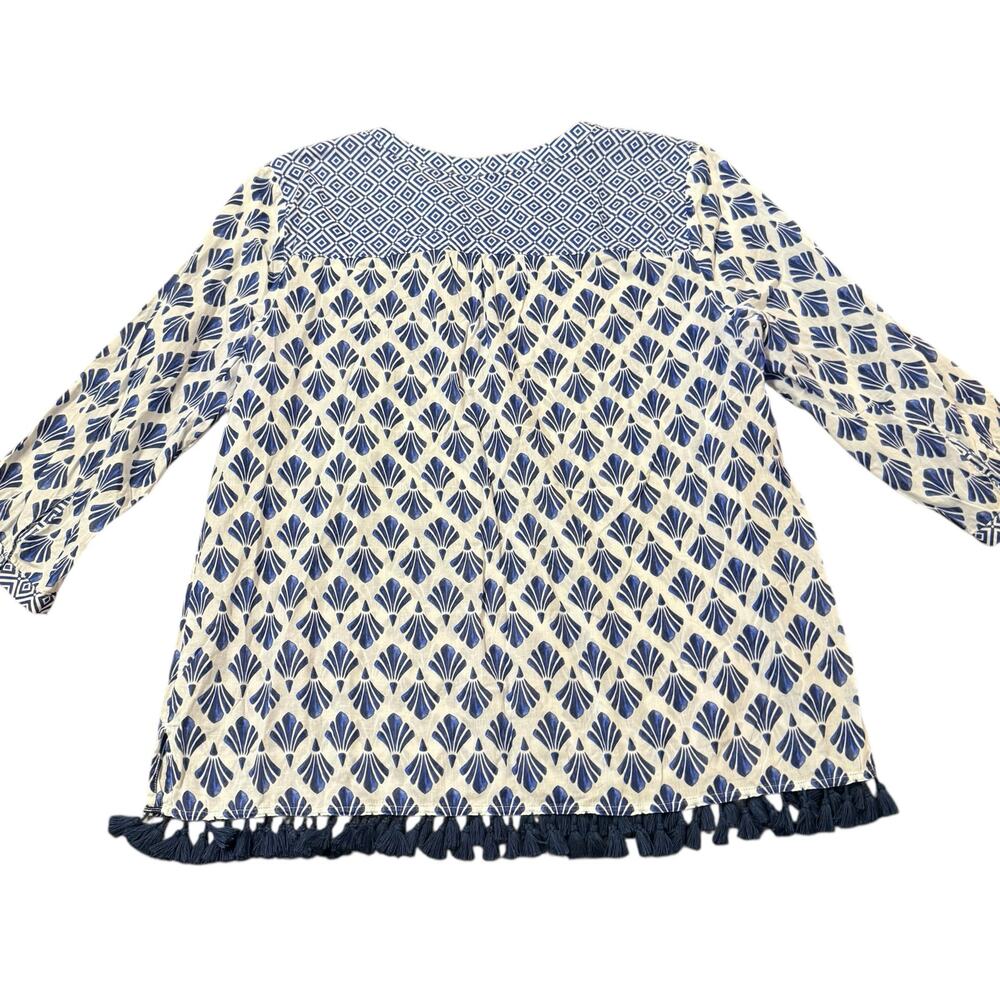 Talbots Coastal White and Blue Printed Split-Neck Blouse - Picture 7 of 8